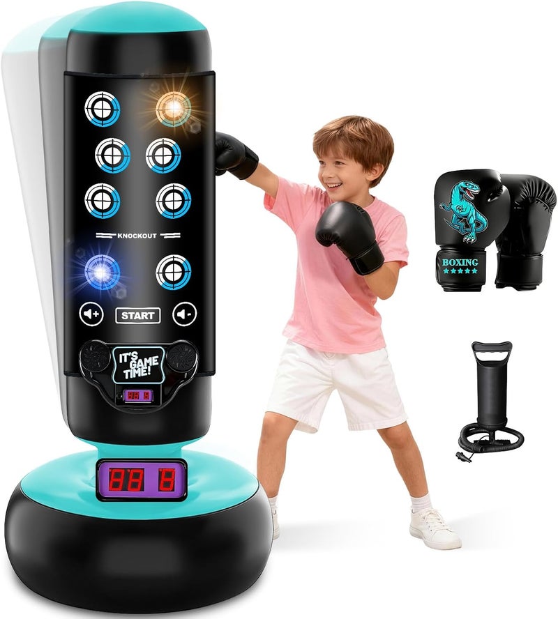 JUOIFIP Punching Bag for Kids, 66 Inch Inflatable Boxing Bag with Boxing Gloves, Kid Boxing Set with Scoring, Light, Music, Stand Kids Punching Bag Toy for Age 4-12, for Practicing Karate, Taekwondo, MMA - Image 1